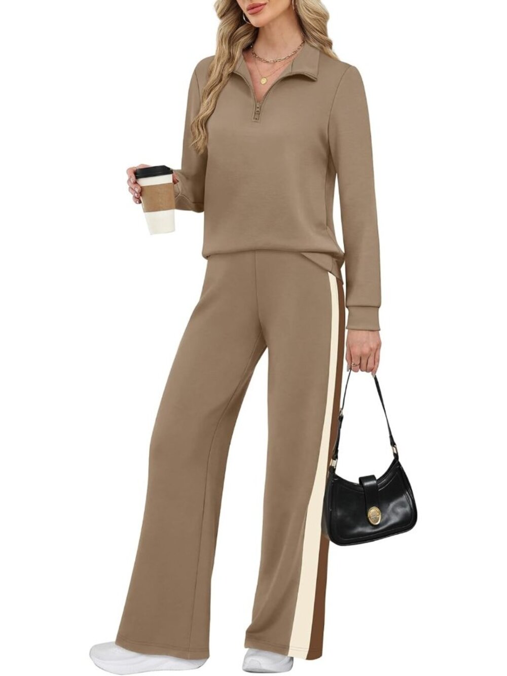 Chic Women's 2-Piece Lounge Set - Wide Leg Pants & Sweatsuit for Travel